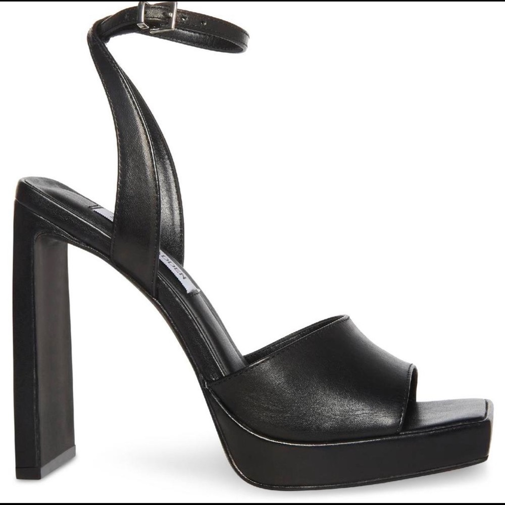 Steve Madden Womens Propel Black Leather Heel Sandals as 9.5, New in box